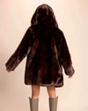 Back view of SpiritHoods Womens Hooded Faux Fur Coat in deep brown wolf with oversized hood.