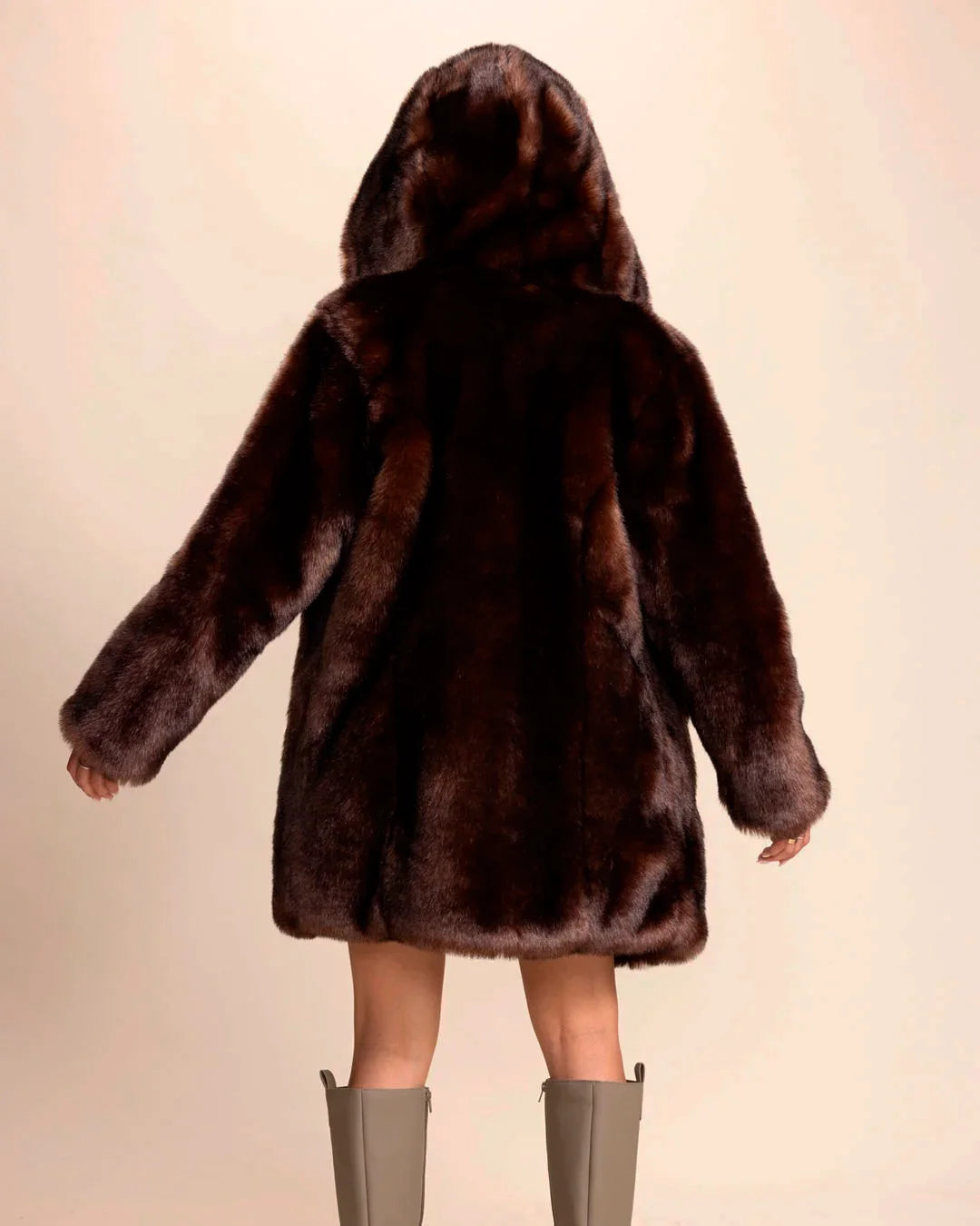 Back view of SpiritHoods Womens Hooded Faux Fur Coat in deep brown wolf with oversized hood.