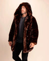 Men's brown faux fur coat with oversized hood by SpiritHoods. Festival jacket in luxe ultra-soft fake fur.