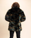 A Man facing away from the camera, wearing a SpiritHoods Custom Made Camo Cat Collared Fake Fur coat with a neutral background