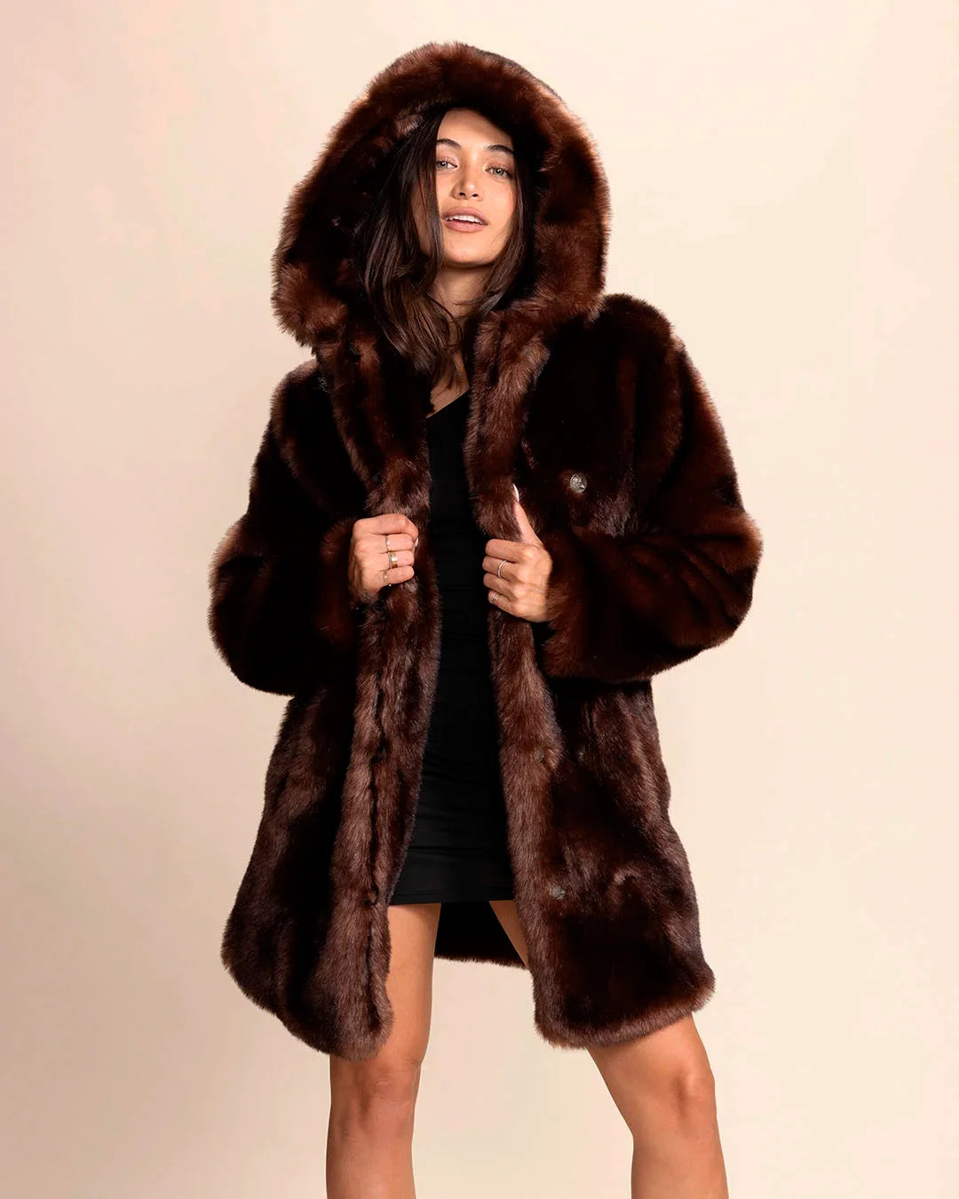 Women's brown faux fur coat with oversized hood by SpiritHoods. Vegan, cruelty-free fall winter layering & festival style in luxe fake fur.