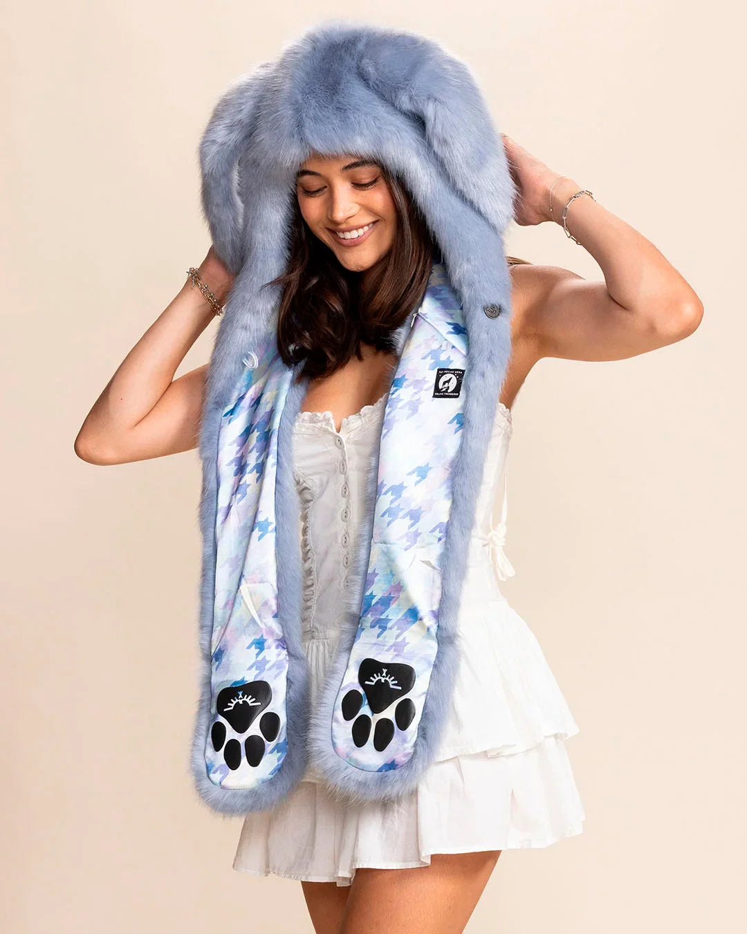 Women’s SpiritHoods Collector Edition Rabbit Hood in blue fake fur with ears, paws, and scarf pockets. Original animal hood and PETA LIBBY award-winning cruelty-free accessory rave apparel.
