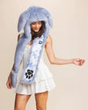 Blue faux fur bunny hood with ears, scarf, and paw mittens by SpiritHoods. Festival-ready vegan rave fashion hood with stash pocket.