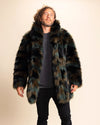 Man wearing a green and brown fake fur jacket, plush fake fur coat with collar that can be worn up or down. Part of SpiritHoods custom-made faux fur coats for men.