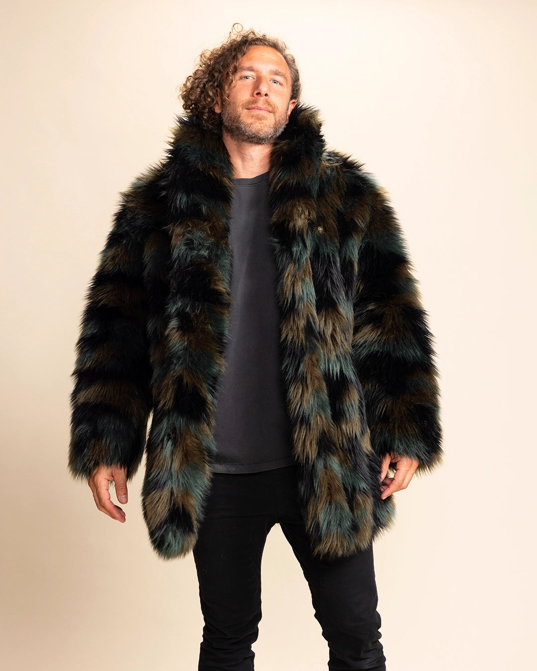 Man wearing a green and brown fake fur jacket, plush fake fur coat with collar that can be worn up or down. Part of SpiritHoods custom-made faux fur coats for men.