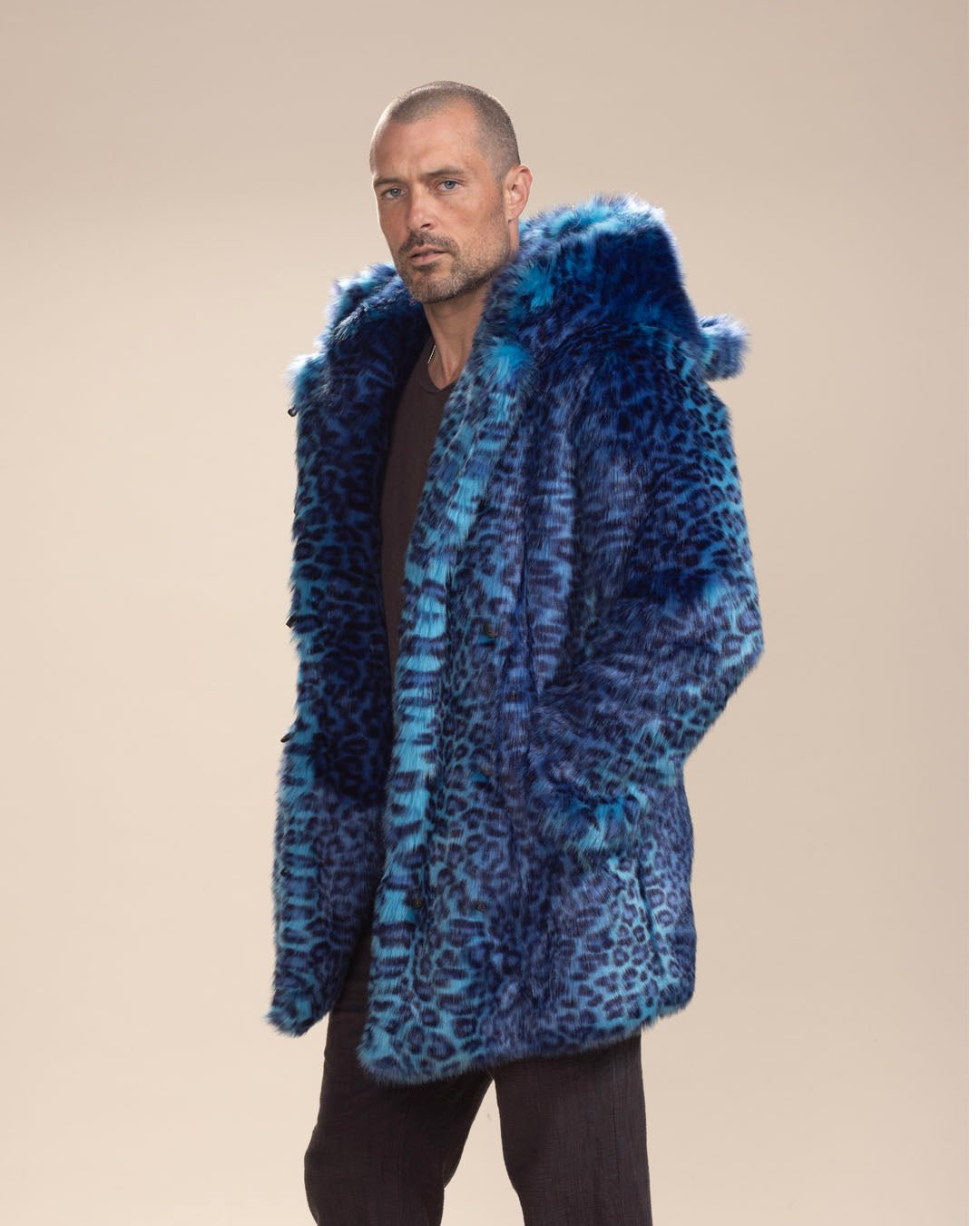Classic Men's Faux Fur Coat Electric Blue Lynx
