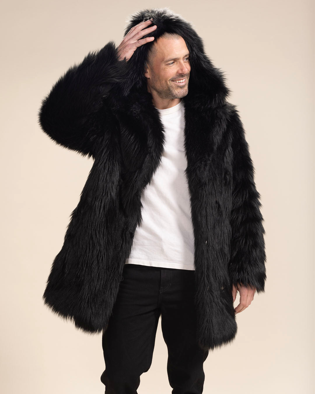 Black Wolf Hooded Faux Fur Coat | Men&#39;s