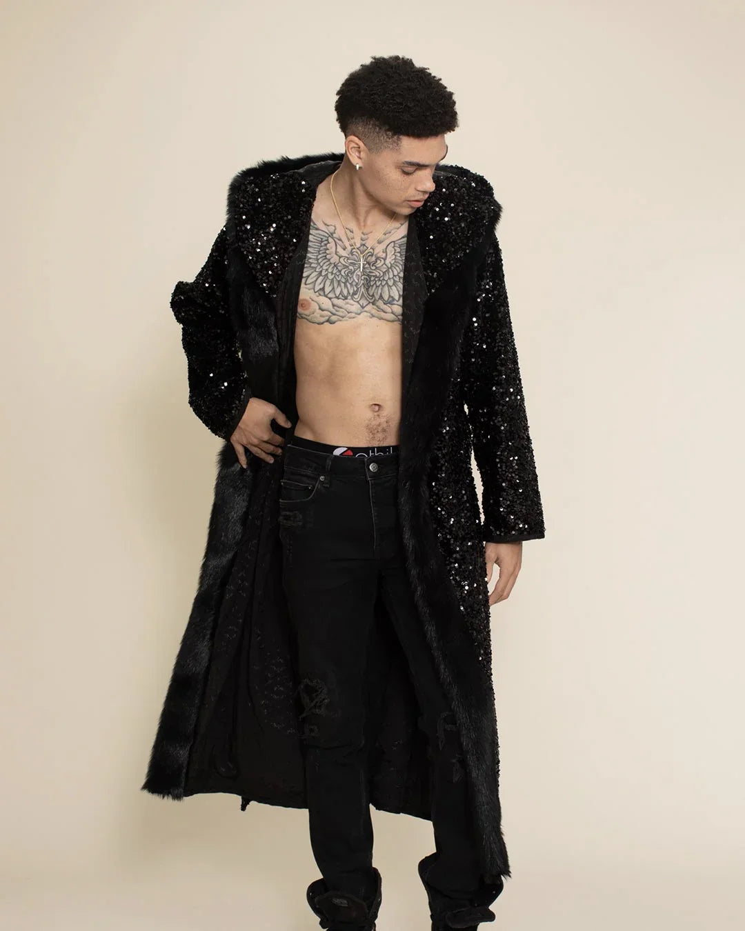 Hooded Men's Long Sequin Coat | Black Panther | Made-To-Order
