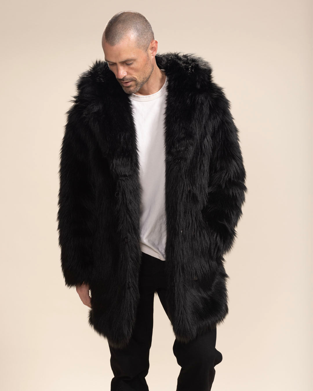 Black Wolf Hooded Faux Fur Coat | Men's