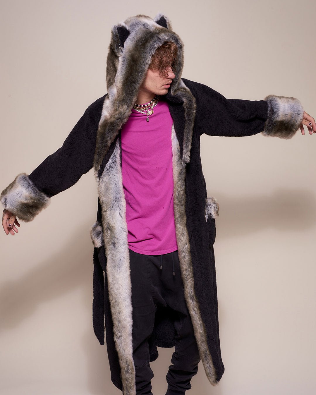 fur lined dressing gown mens Mens Snuggle Fleece Wolf 3D Hooded Dressing Gown 1Onesie Robe Onesee