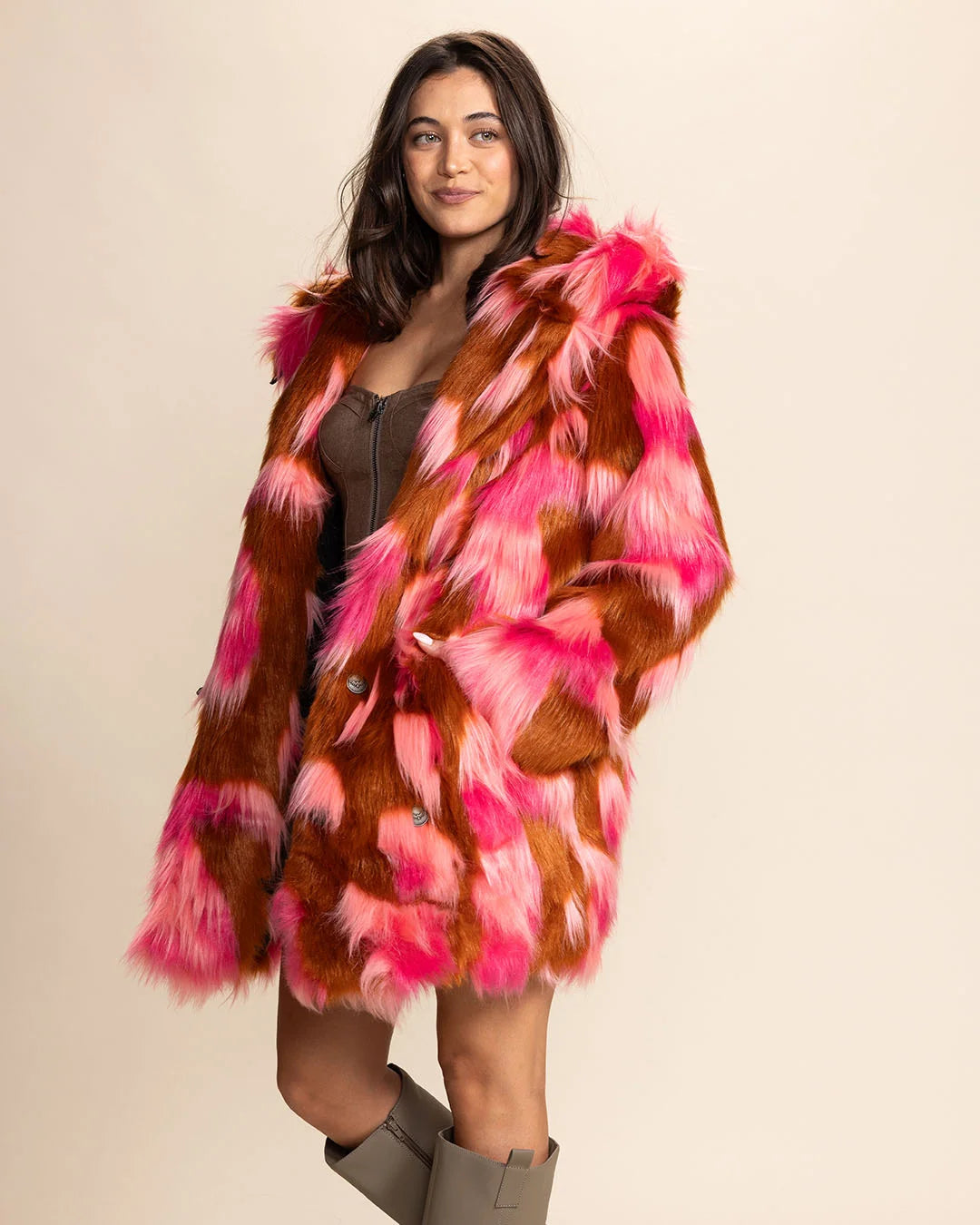 *One Of A Kind* Hooded Faux Fur Coat | Pink Rose Butterfly