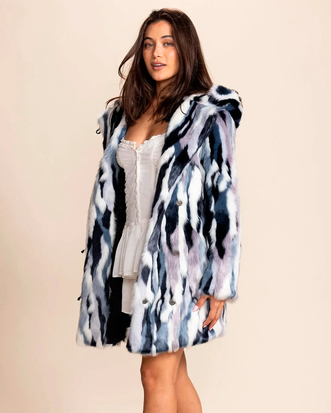 SpiritHoods Luxe Faux Fur Coat in blues, purples, grey and white with oversized hood and custom peacoat buttons. Festival ready style, Fall Coat Collection