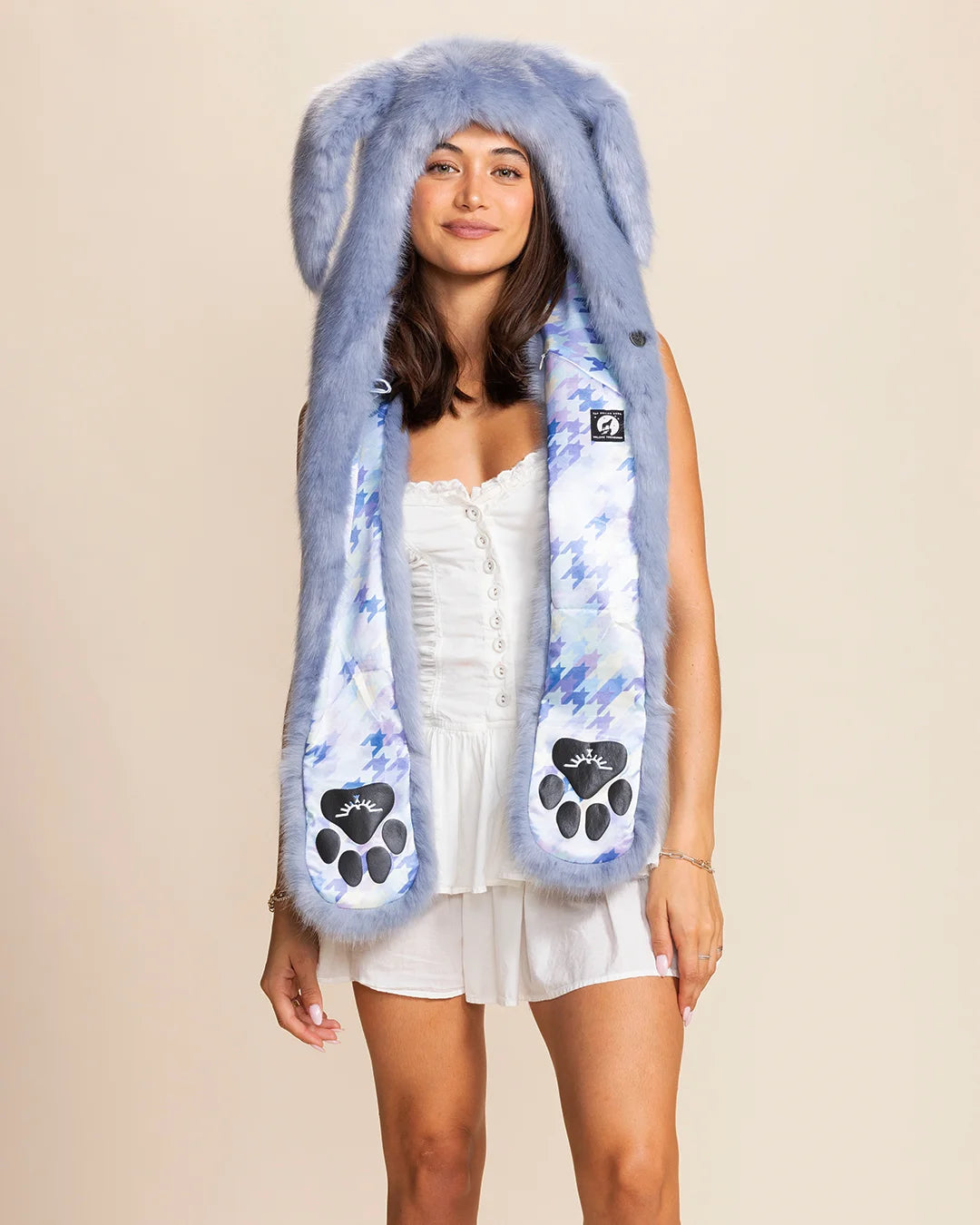 SpiritHoods Rabbit Hood for women in soft blue faux fur with ears and paw pockets. Festival fashion staple and raver accessory with stash pocket.