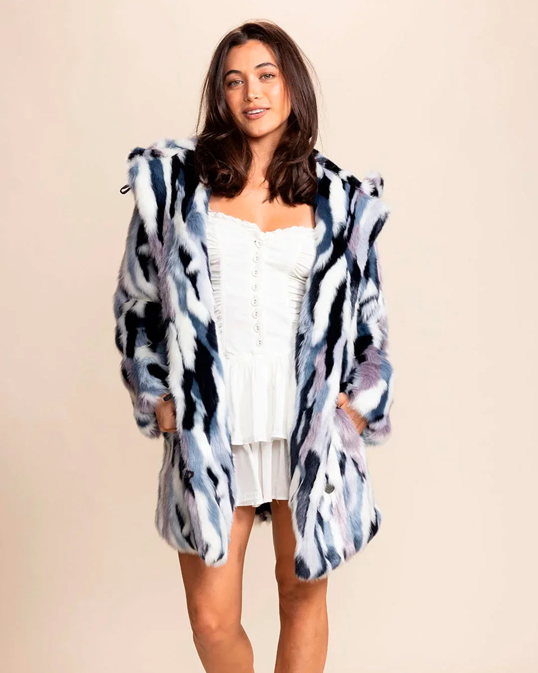 SpiritHoods Lucky Rabbit Faux Fur Coat Limited Edition Icy Blue, Navy, and Purple Fake Fur Jacket for Women. Festival-ready apparel for Women