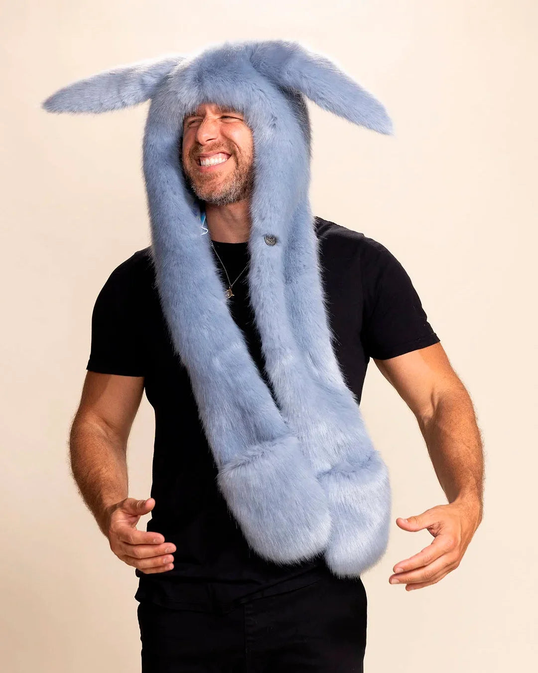 SpiritHoods Collector Edition Rabbit Hood for men in soft blue faux fur with ears and paw pockets. Festival fashion staple and raver accessory with stash pocket.