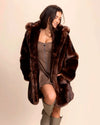 SpiritHoods Women's Hooded Fake Fur Coat in brown wolf. Luxury vegan coat styled with a brown zip-up dress