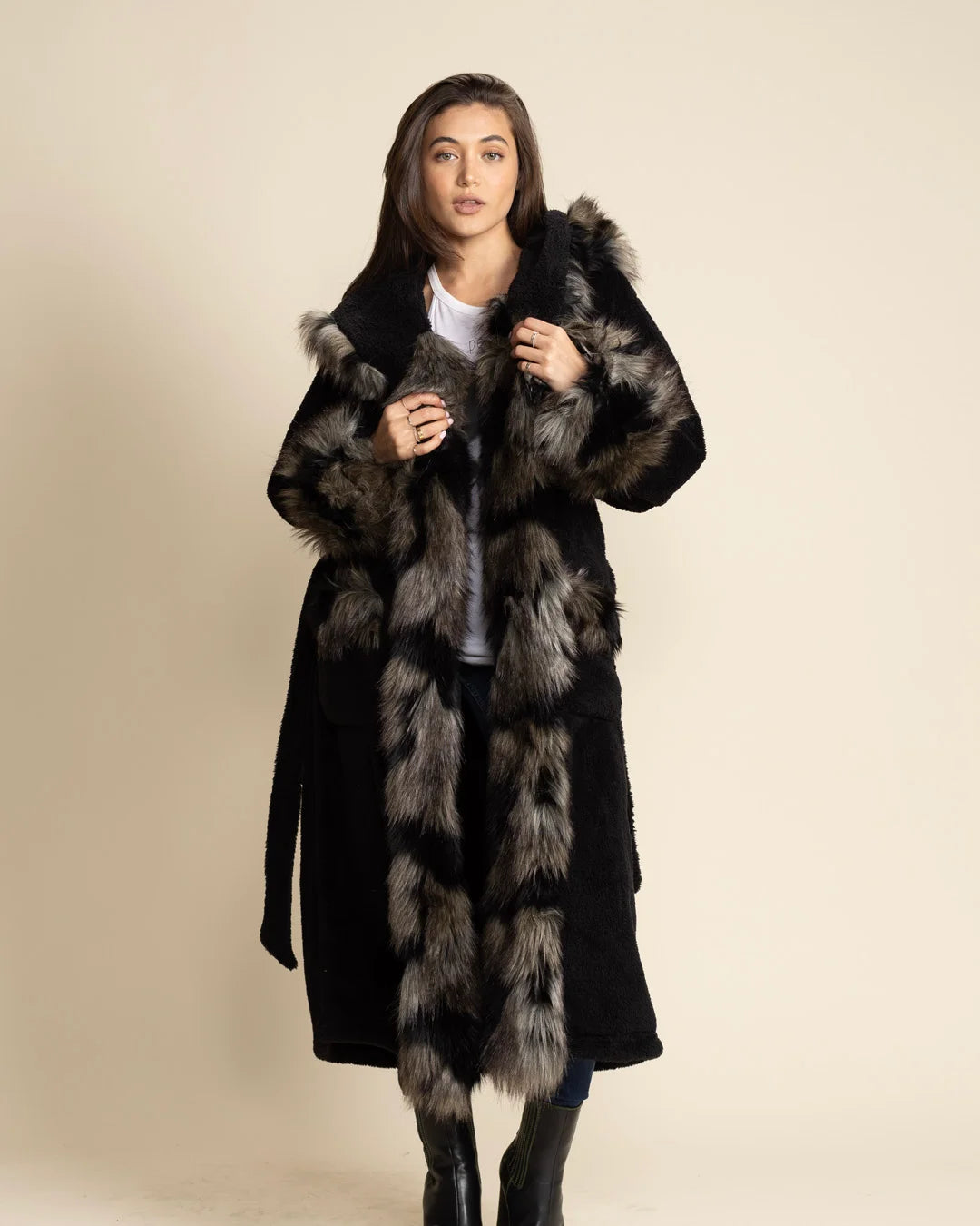 Faux Fur Black Hooded Dressing Gown Ladies Black Panther Classic