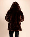 Back view of SpiritHoods Hooded Men's Fake Fur Jacket in Brown Wolf with oversized hood up