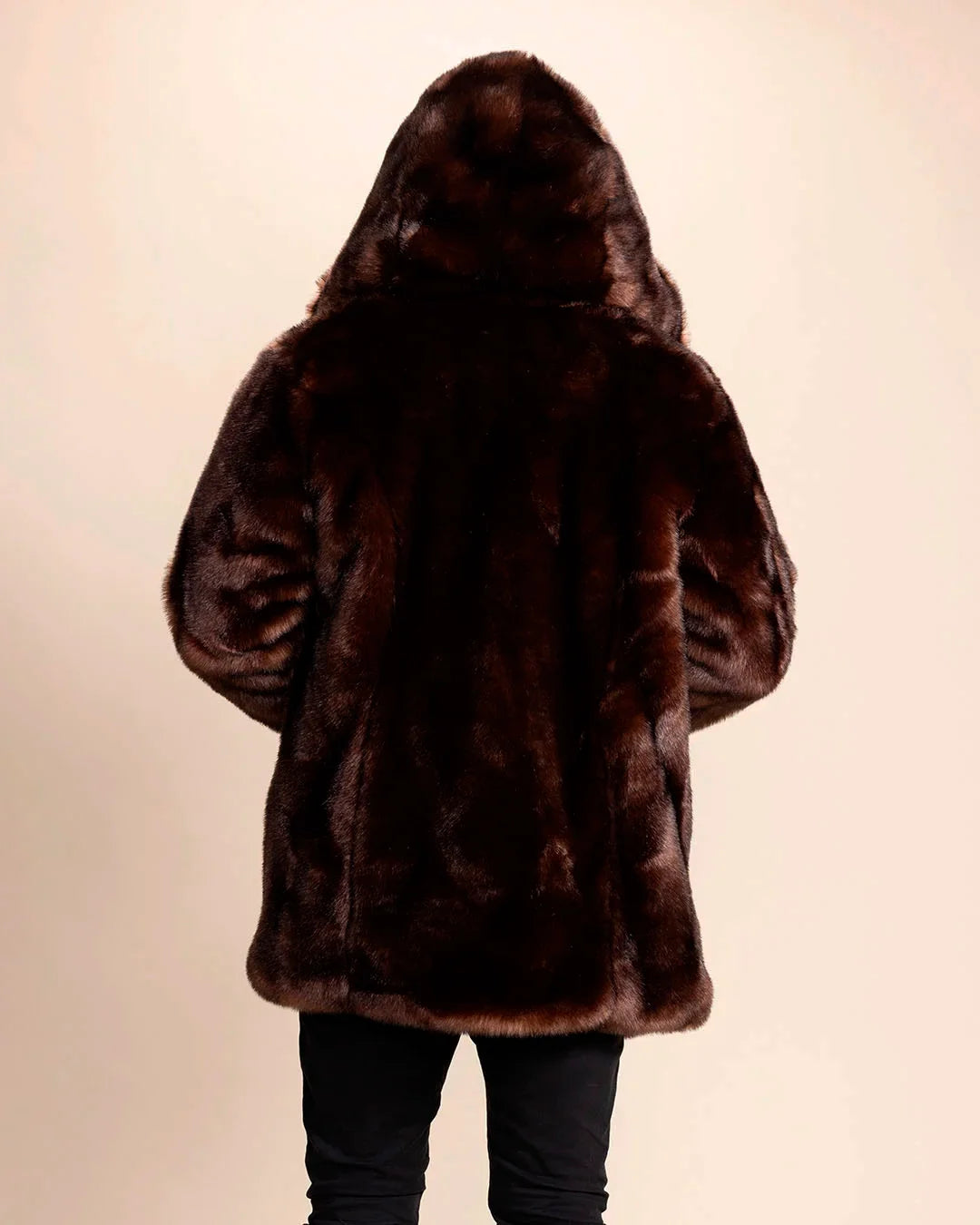 Back view of SpiritHoods Hooded Men's Fake Fur Jacket in Brown Wolf with oversized hood up