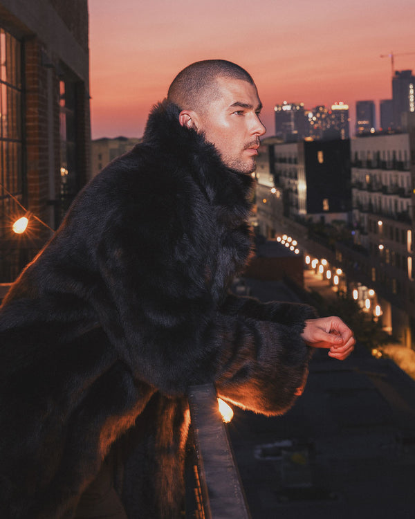 Men's Long Faux Fur Coat | Black Serval - SpiritHoods