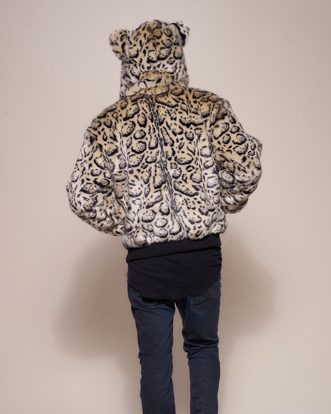 Man wearing Ocelot Luxe Classic  Faux Fur Bomber Jacket, back view 1