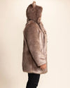 A Man facing to the side, wearing SpiritHoods Classic Brown Faux Fur Coat with the hood up and his arms down, featuring the large oversized hood with perfect wolf ears adorned on top, the faux fur looks plush and you can see the textured tip-dye on the fake fur, giving a more realistic animal look.