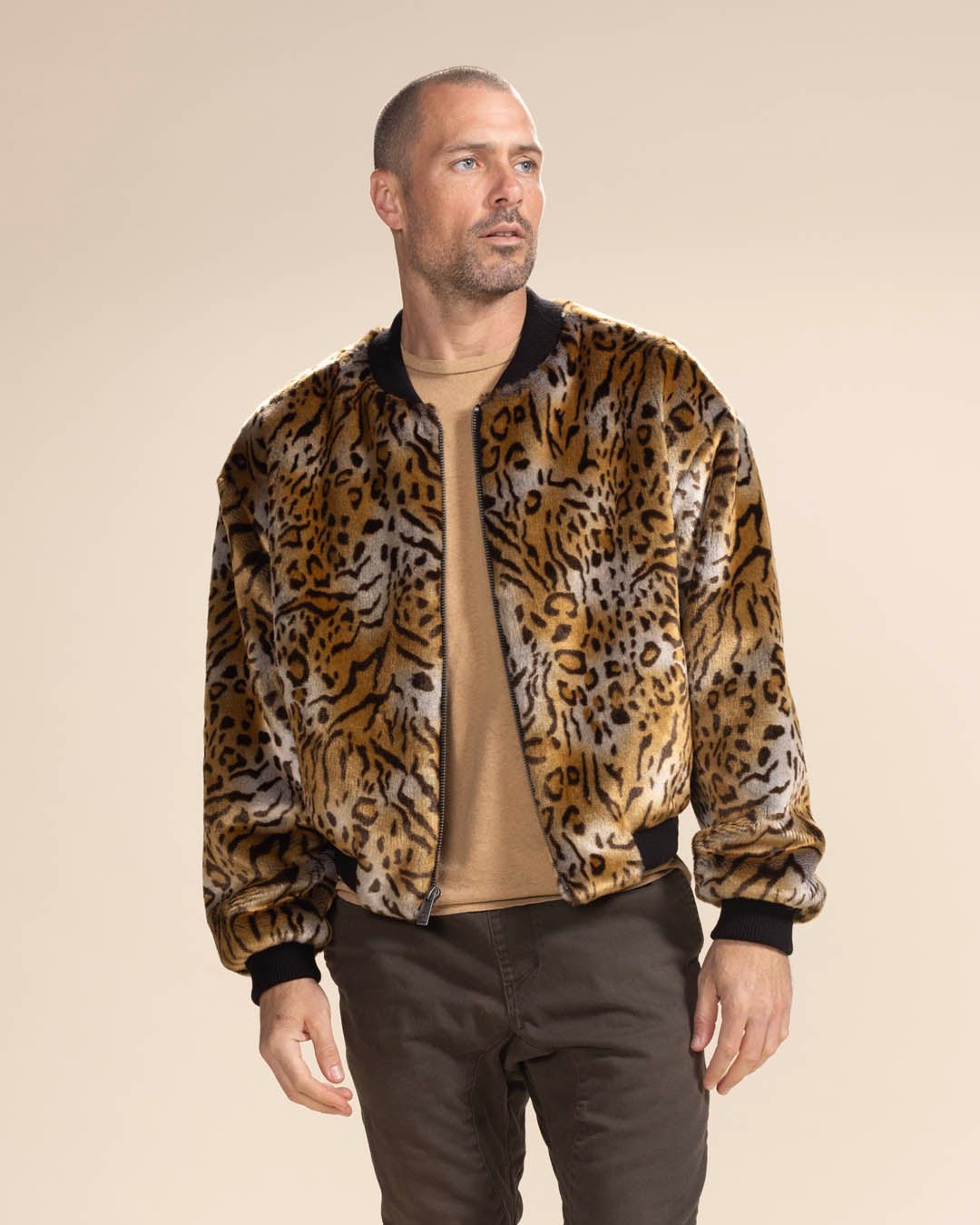 Men's Faux Fur Jacket | Margay Wild Cat Tan & Gold L / Leopard Men's Faux Fur Jacket | Margay Wild Cat Tan & Gold L / Leopard