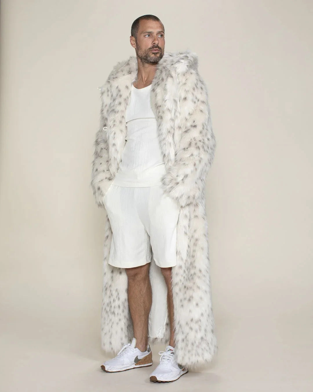 Hooded Men's Long Faux Fur Coat | Baby Snow Leopard | Made-To-Order