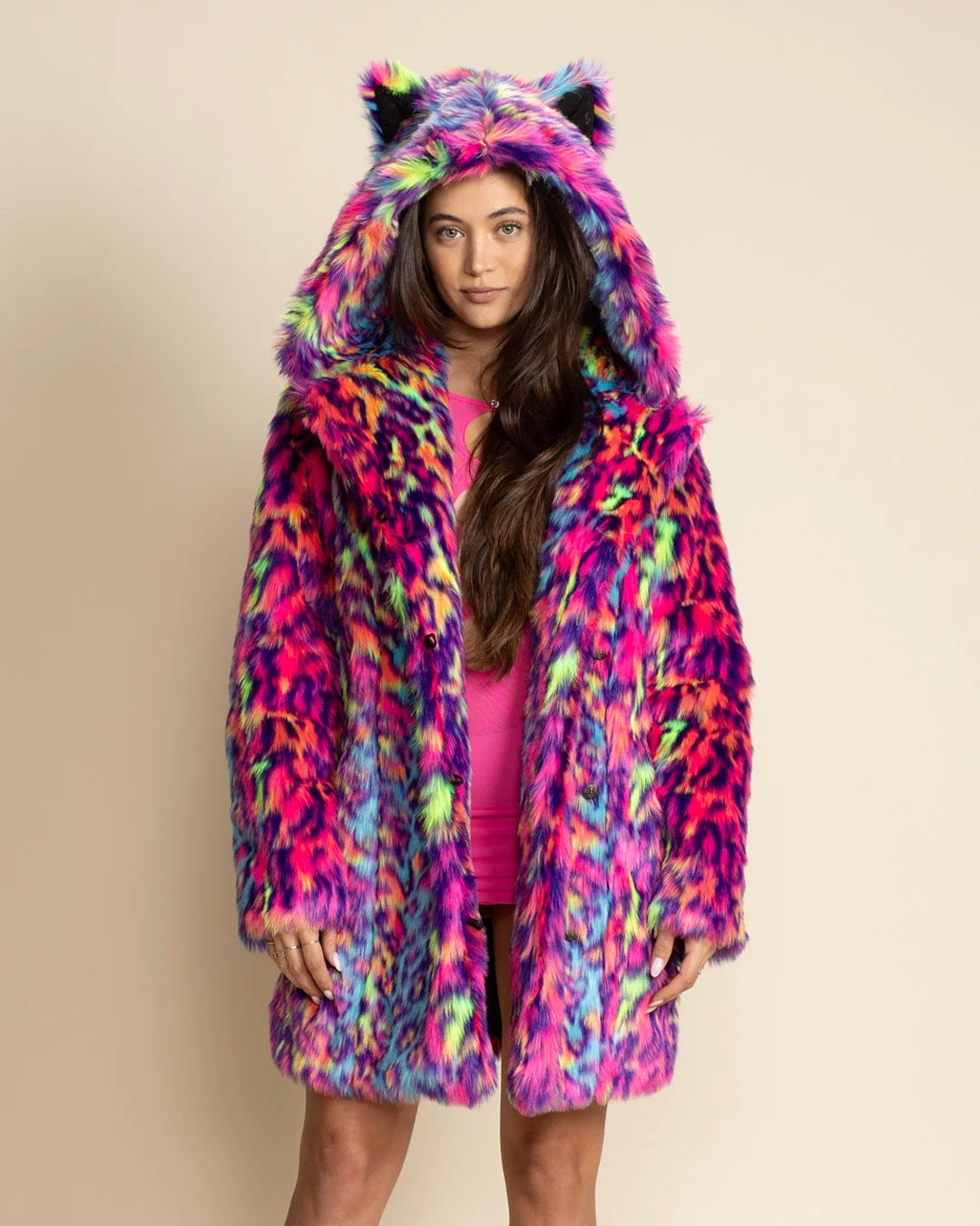 Classic Women's Pink & Blue Faux Fur Coat | Neon Disco Cat