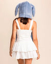 Back view of SpiritHoods Rabbit Hood in blue faux fur with floppy bunny ears. The original animal hood seen on Shark Tank, raver fashion accessory.
