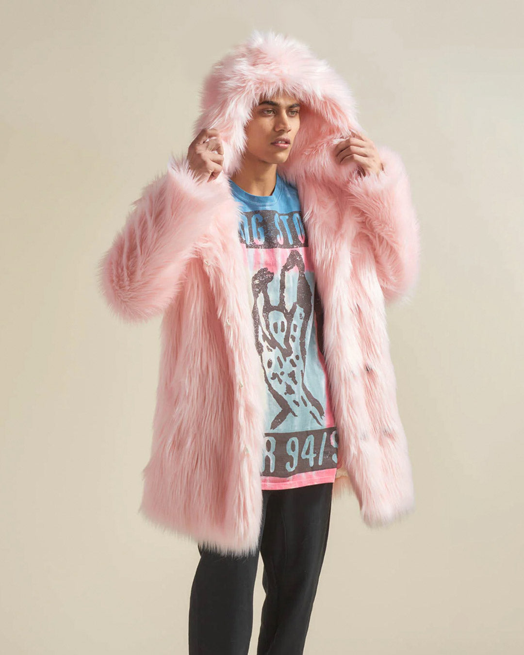 Hooded Men's Pink Faux Fur Coat | Flamingo Wolf | Made-To-Order