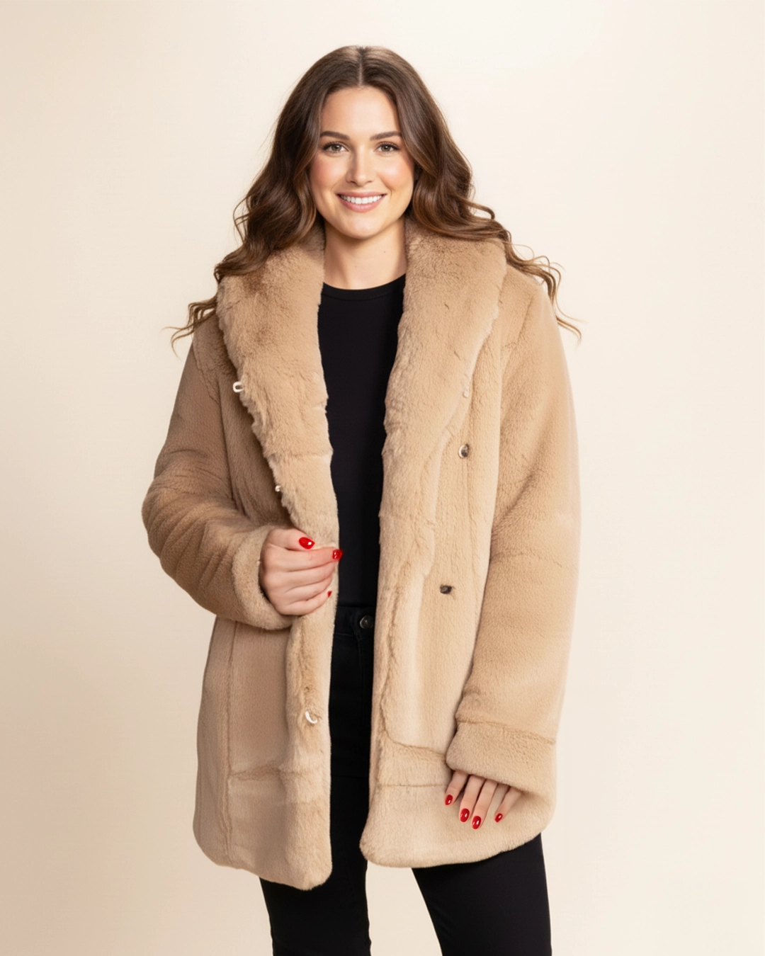 Woman wearing a beige Faux Fur Coat with large oversized collar being worn down, as she holds the front panel of the plush fake fur jacket and smiles at the camera. SpiritHoods 100% Fake Fur Fall Winter Collection of Coats for Women in Cougar.
