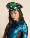 Women's Festival Hat - Captain Hat | Sequin Blue Green Hummingbird