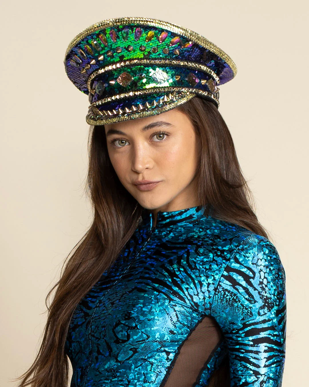 Women's Festival Hat - Captain Hat | Sequin Blue Green Hummingbird