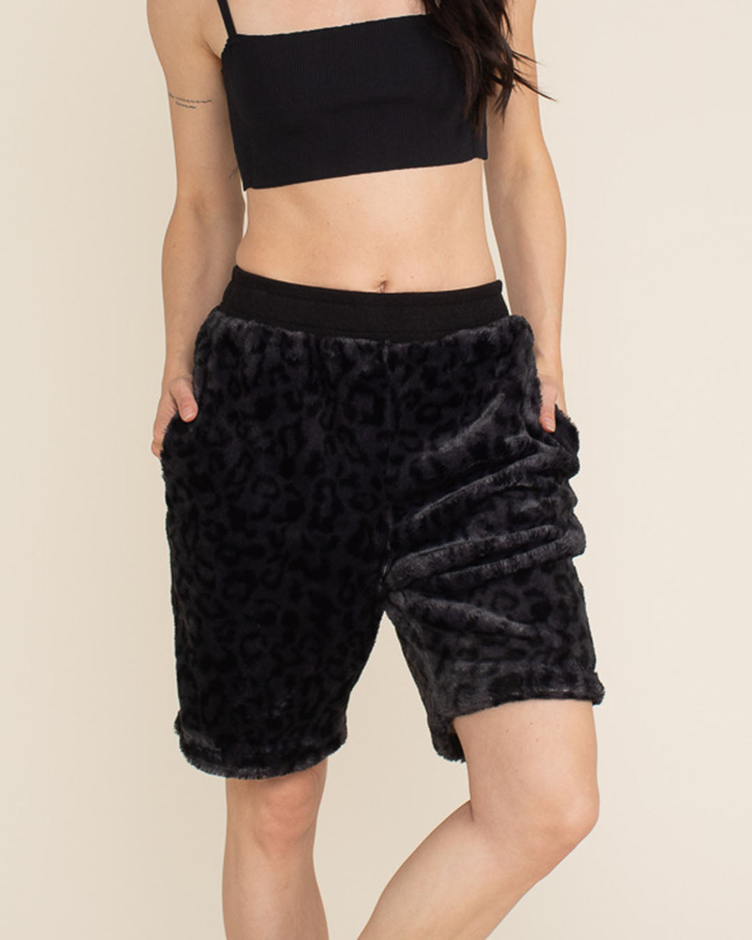 Slate Leopard Ultra Soft Faux Fur Sweat Shorts | Women's