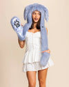 SpiritHoods faux fur rabbit hood in blue with ears, paw scarf, and pockets. Raver festival hood as seen on Shark Tank, cruelty-free vegan fashion.