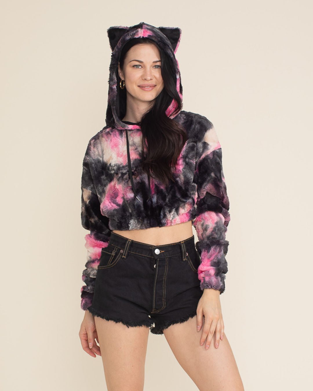 Spirithoods Ink Spotted Leopard Classic Ultra Soft Faux Fur Cropped Hoodie Women s Pink Black L