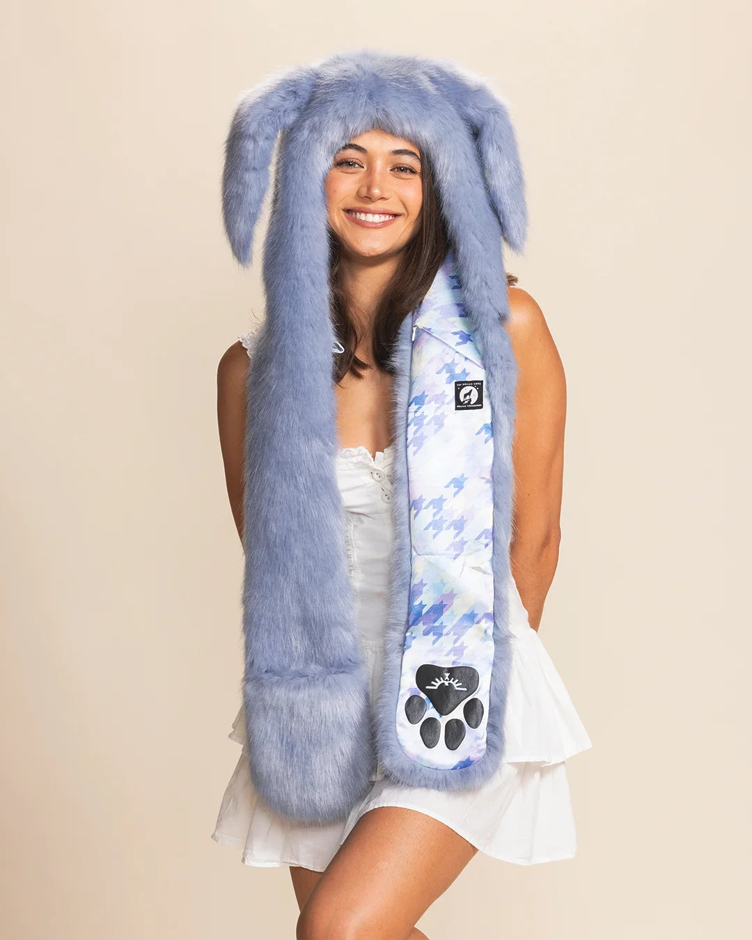Blue faux fur Rabbit Hood with ears and paw scarf by SpiritHoods. Festival fashion and rave apparel accessory with hidden stash pocket.