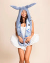 Blue Rabbit Hood by SpiritHoods with oversized blue faux fur bunny ears, scarf paws, and hidden pocket. Raver fashion and festival style.