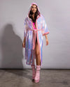SpiritHoods holographic pink sequin duster robe featuring pastel velvet trim and a matching waist tie closure.
