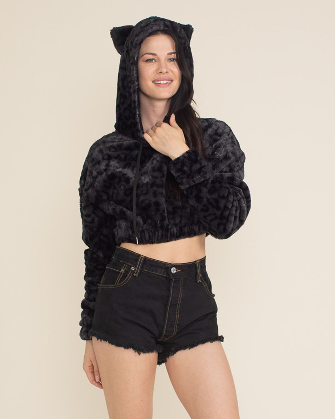 Slate Leopard Classic Ultra Soft Faux Fur Crop Hoodie | Women&#39;s