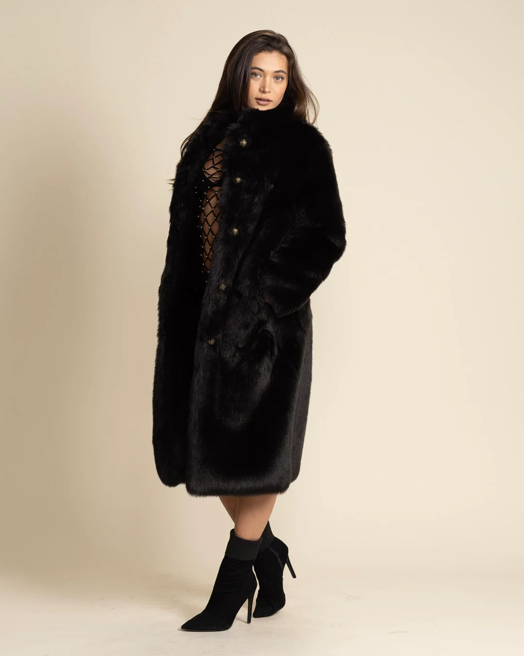 Women's Long Faux Fur Coat | Black Serval