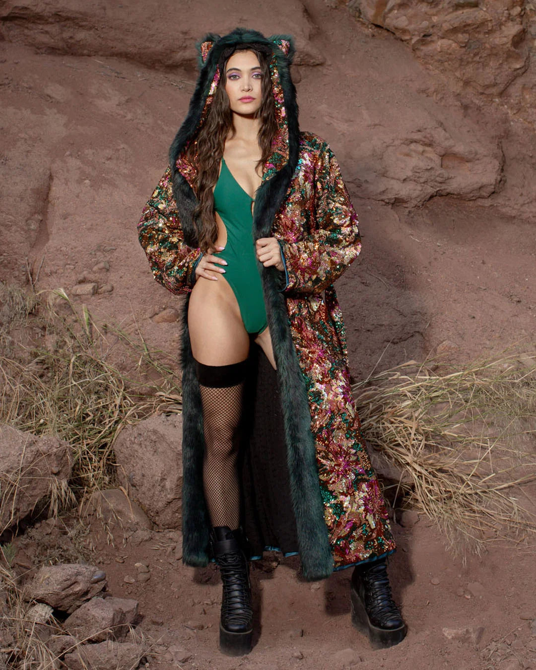 Classic Women's Long Sequin Coat | Oasis Emerald Green