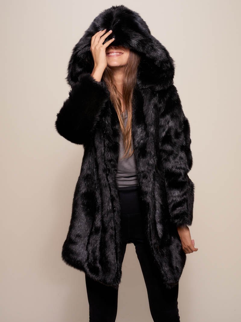 Black Panther Faux Fur Coat with Hood on Female
