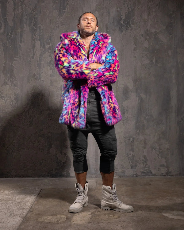 Men's Faux Fur Coat with Hood & Ears | Neon Blue & Pink - SpiritHoods