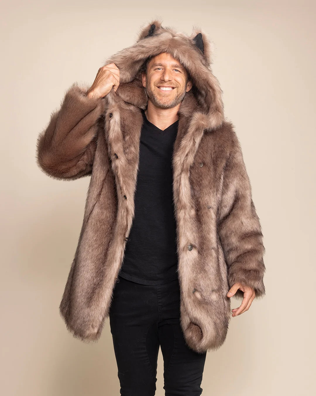 Men's plush fake fur jacket featuring a large hood with ears and distinct wolf face buttons.