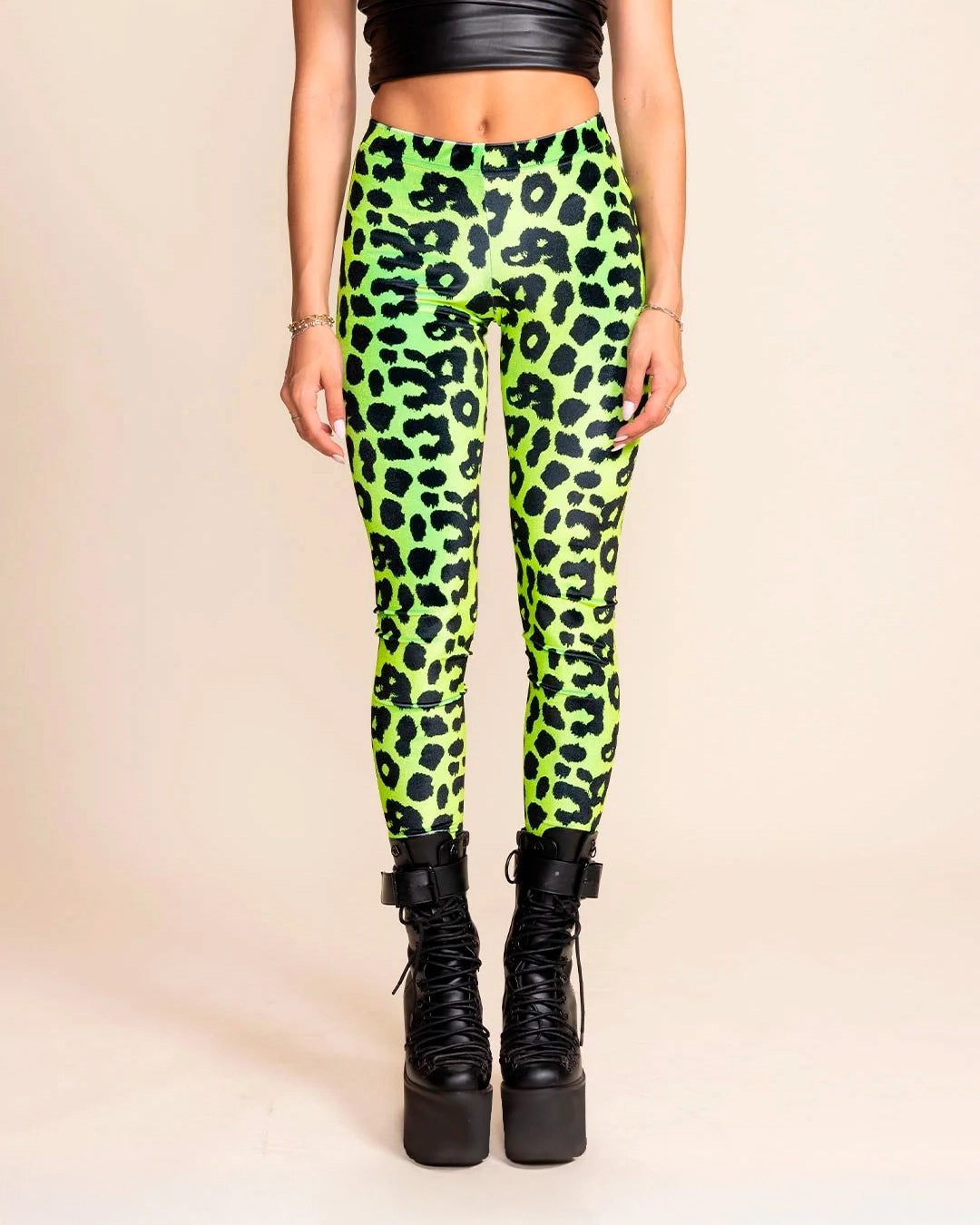 Women's Velvet Leggings | Neon Green Leopard
