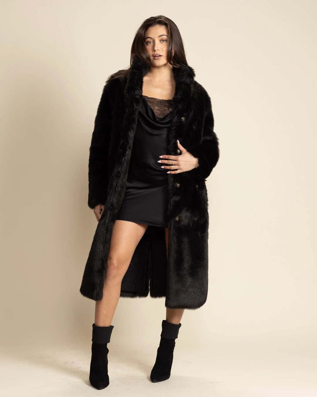 Women's Long Faux Fur Coat Black Serval - Main Image