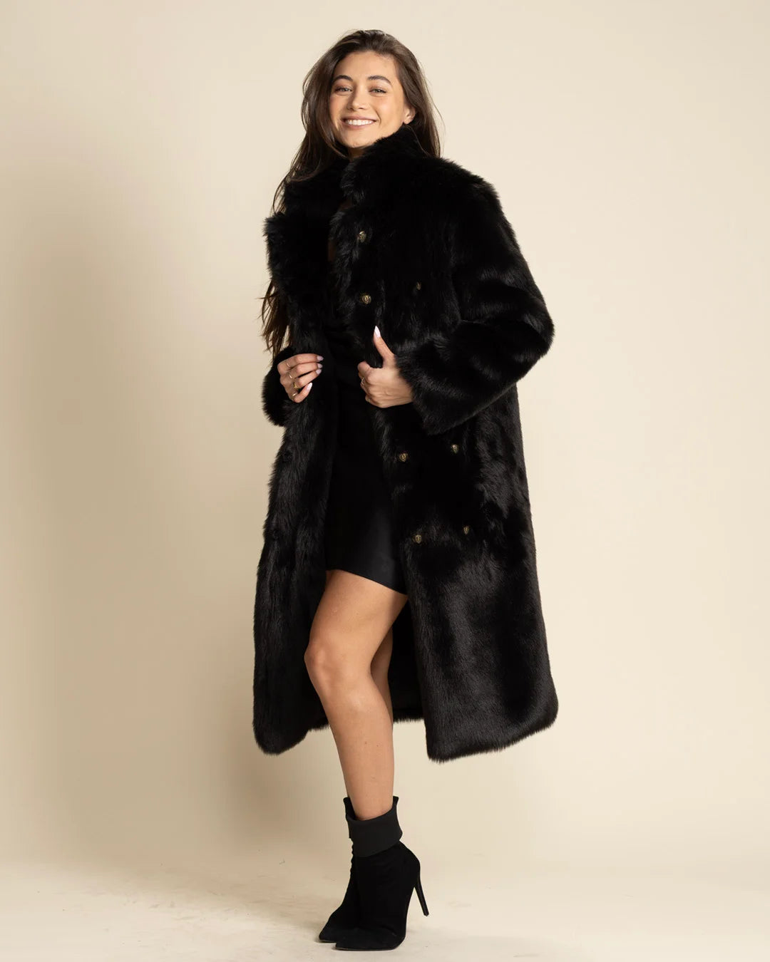 Women's Long Faux Fur Coat | Black Serval