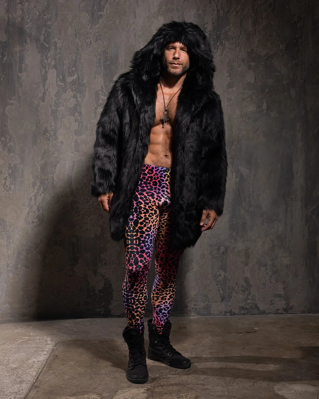 Hooded Men's Faux Fur Coat | Black Wolf